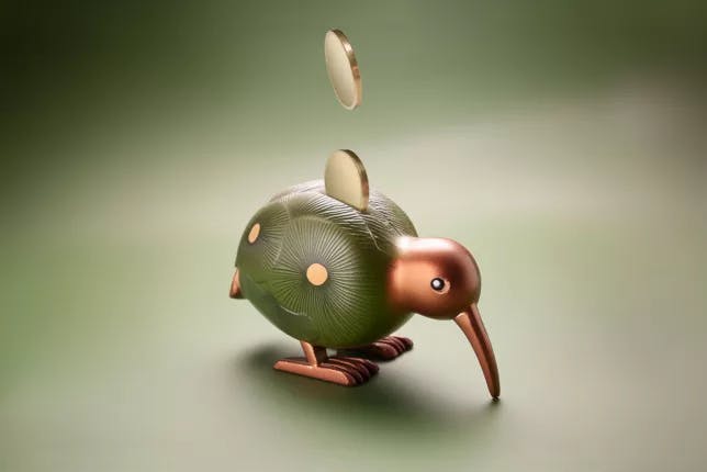 Firefly piggy bank in the shape of a kiwi bird on green background WEB